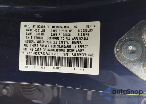 2015 Honda Accord Sport z USA, uszkodzony, nr VIN 1HGCR2F53FA010513